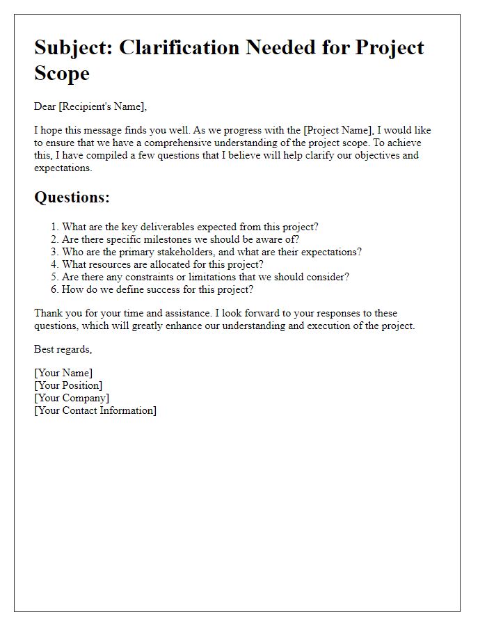 Letter template of questioning for better understanding of project scope.