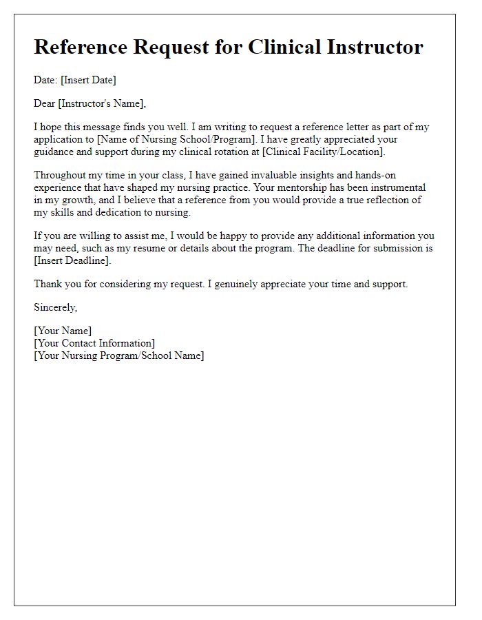 Letter template of nursing school reference request for a clinical instructor