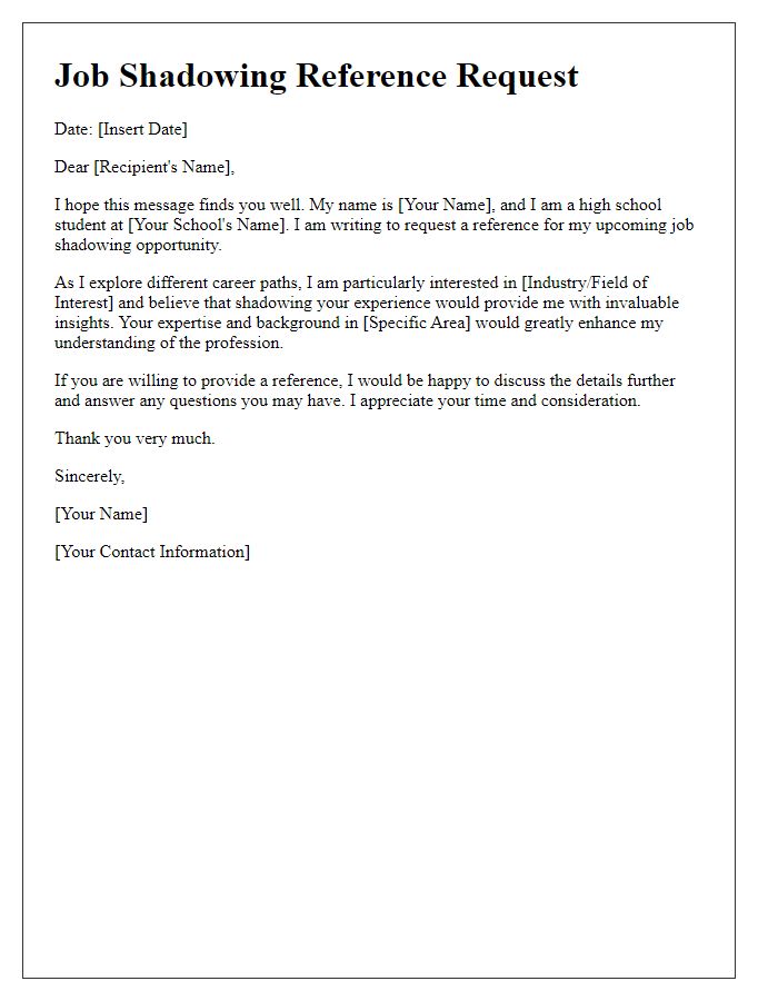 Letter template of job shadowing reference request for high school student