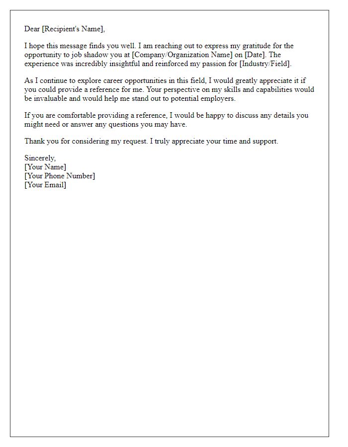 Letter template of job shadowing reference request for professional networking