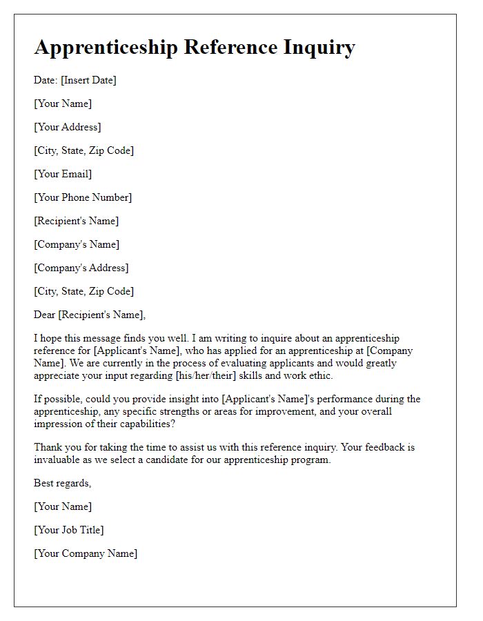 Letter template of apprenticeship reference inquiry