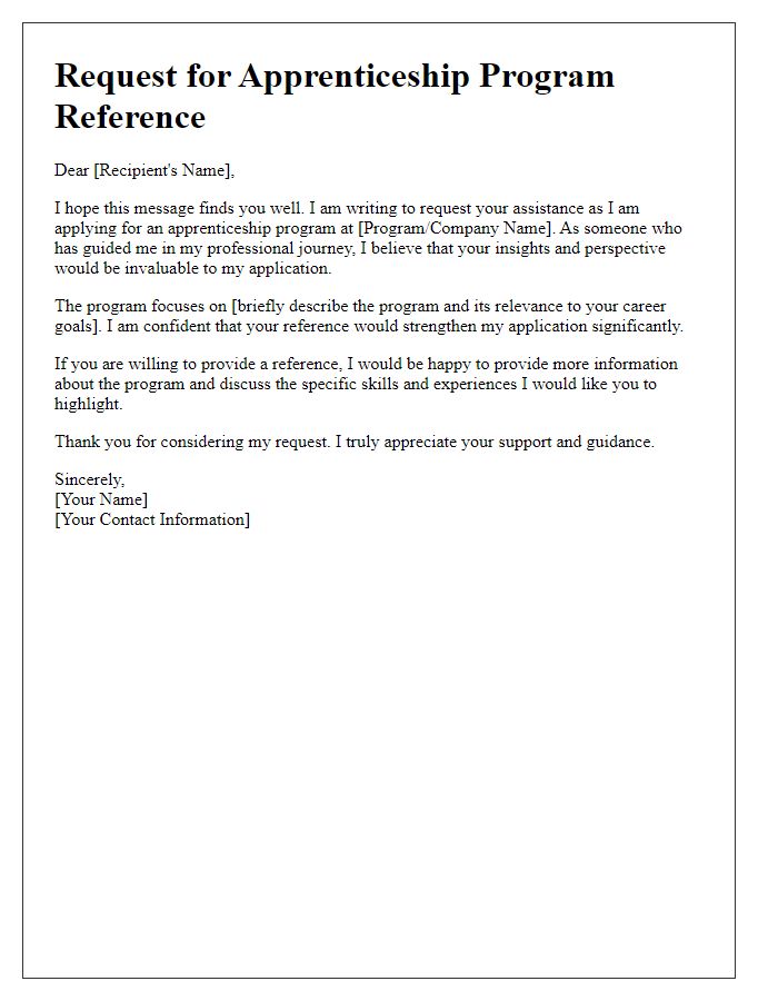 Letter template of asking for apprenticeship program reference