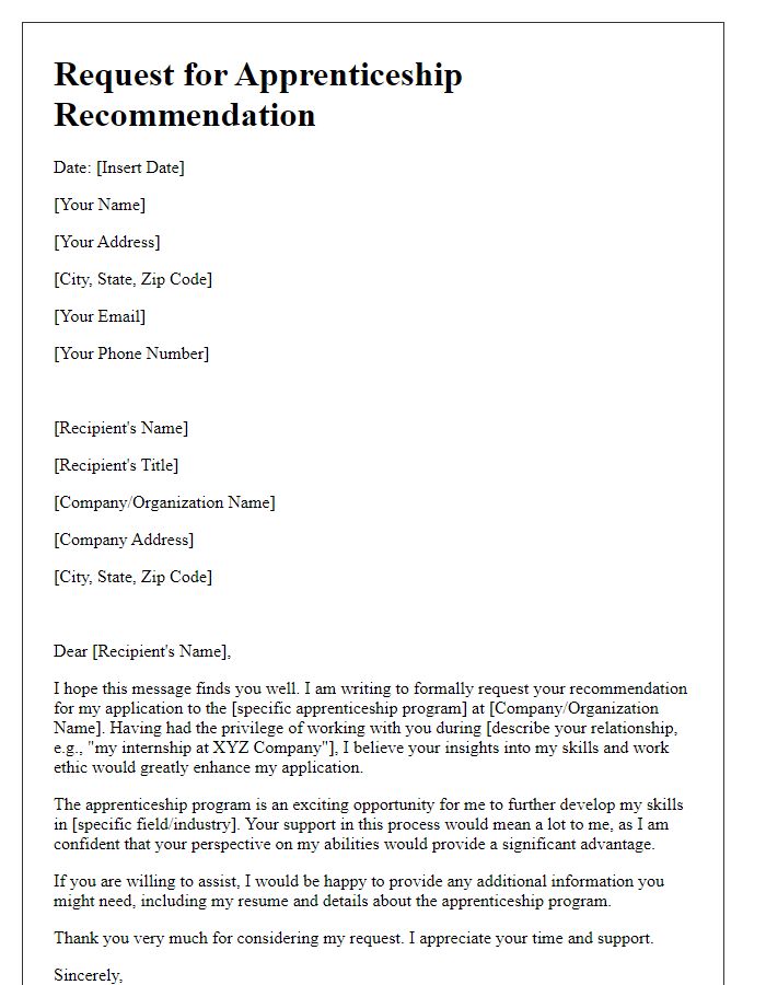 Letter template of request for apprenticeship recommendation