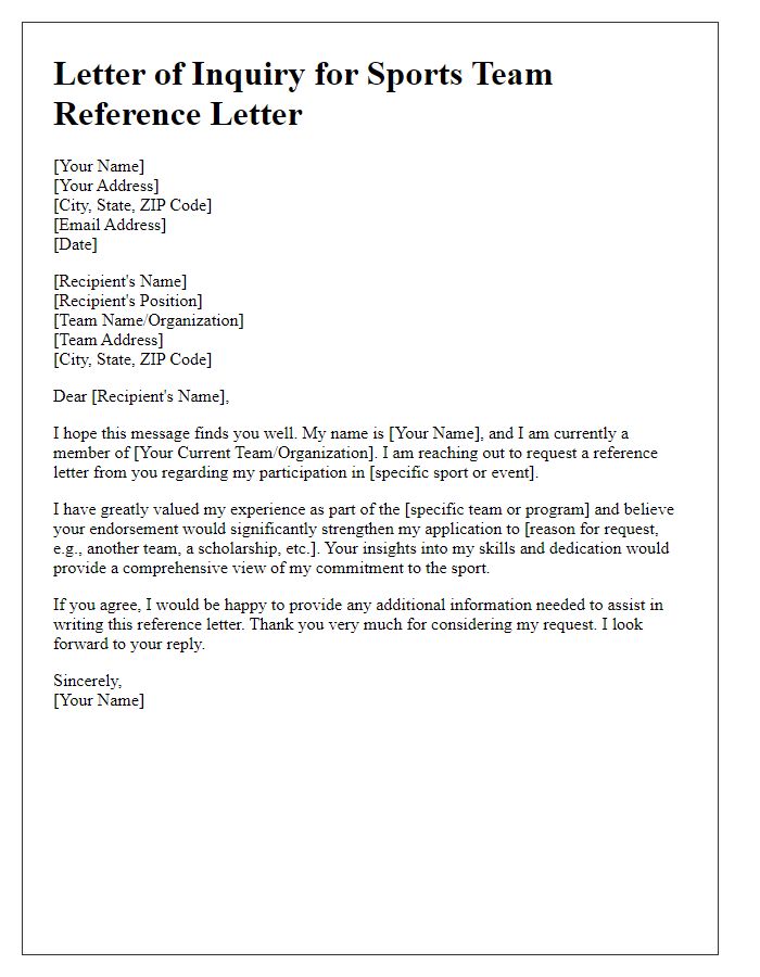 Letter template of inquiry for sports team reference letter