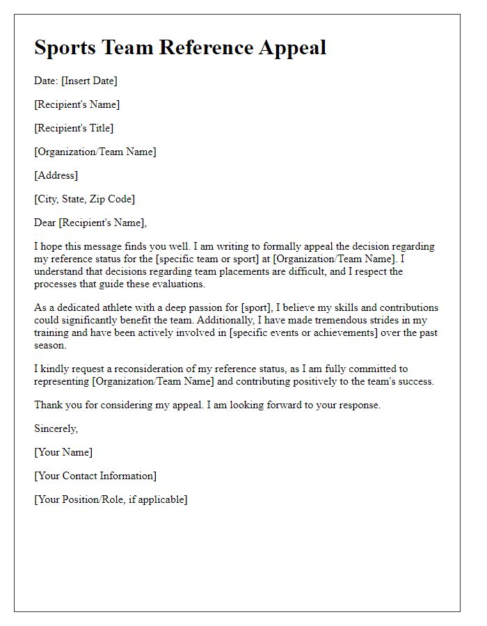 Letter template of sports team reference appeal