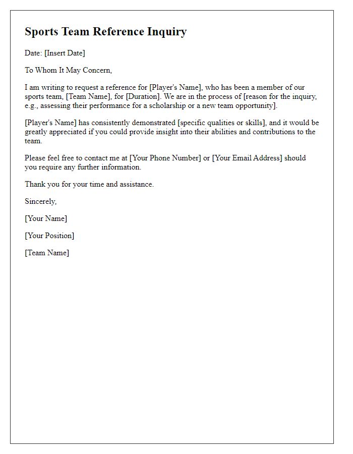 Letter template of sports team reference inquiry