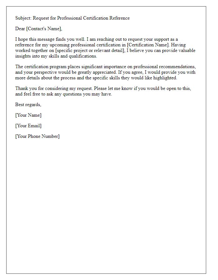 Letter template of professional certification reference request for a networking contact