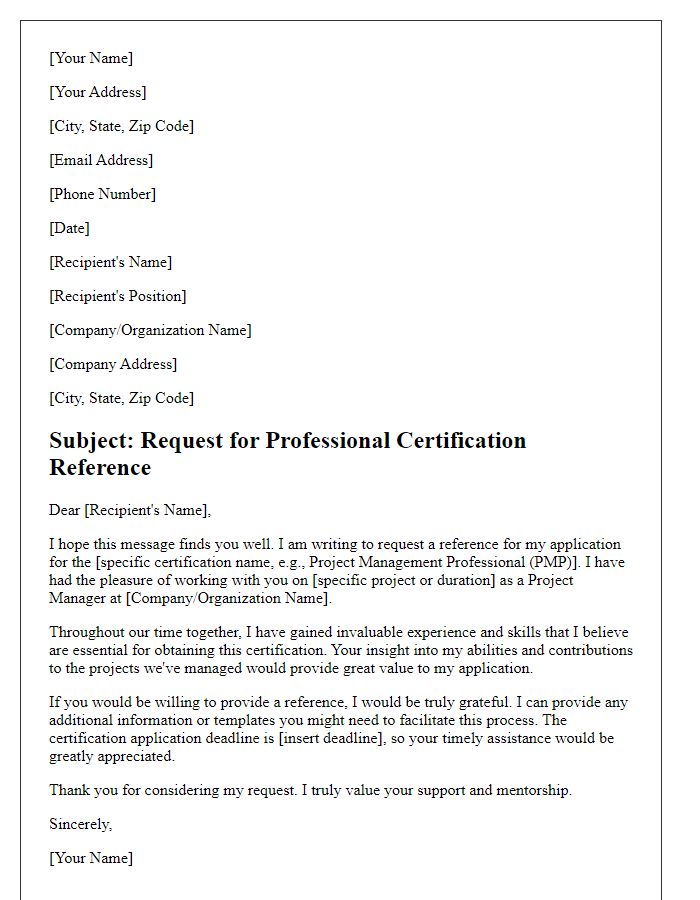 Letter template of professional certification reference request for a project manager