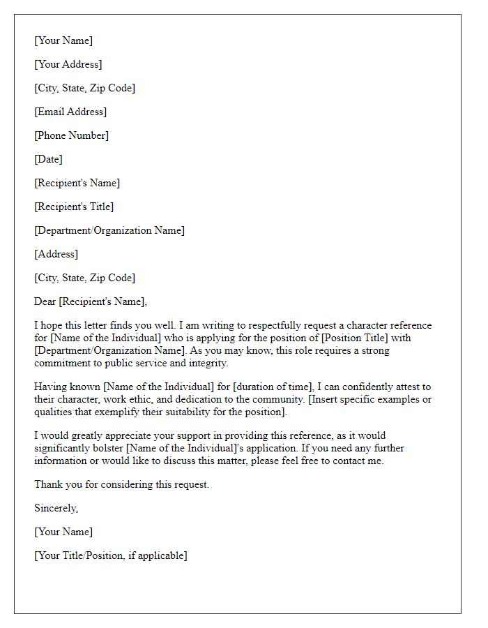 Letter template of a character reference request for a government position