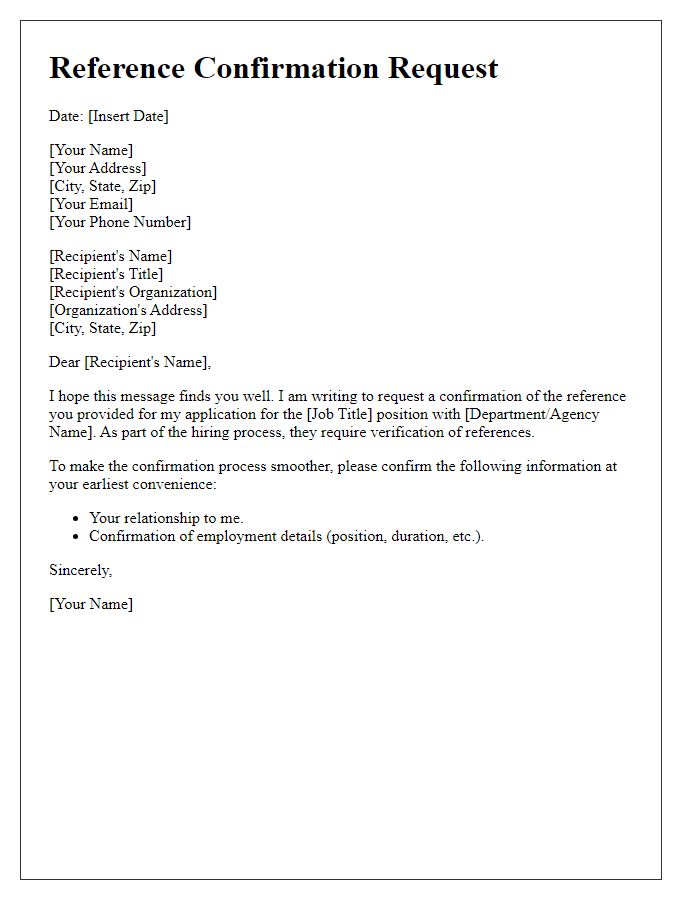 Letter template of a reference confirmation request for a civil service job