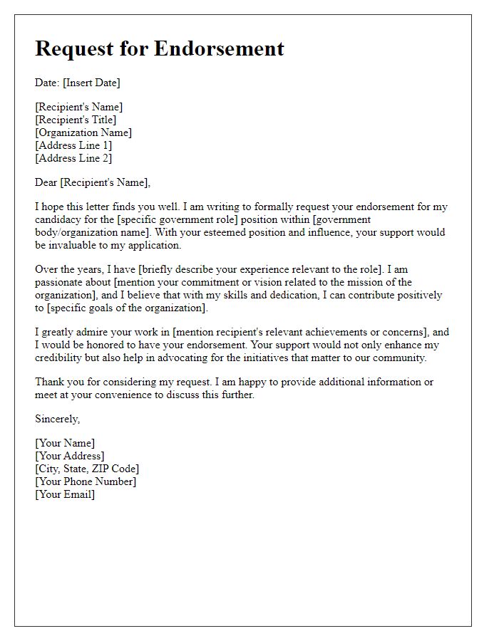 Letter template of a request for endorsement for a government role