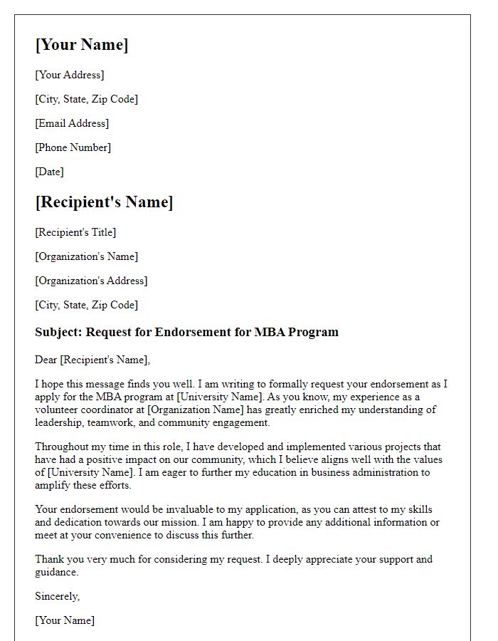 Letter template of MBA program endorsement request for a volunteer coordinator