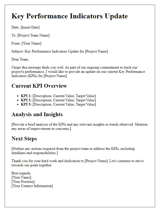 Letter template of key performance indicators update for project teams