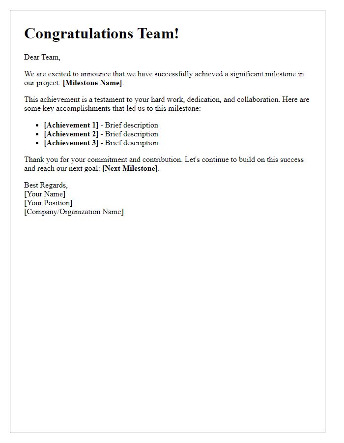 Letter template of milestone achievements for project team