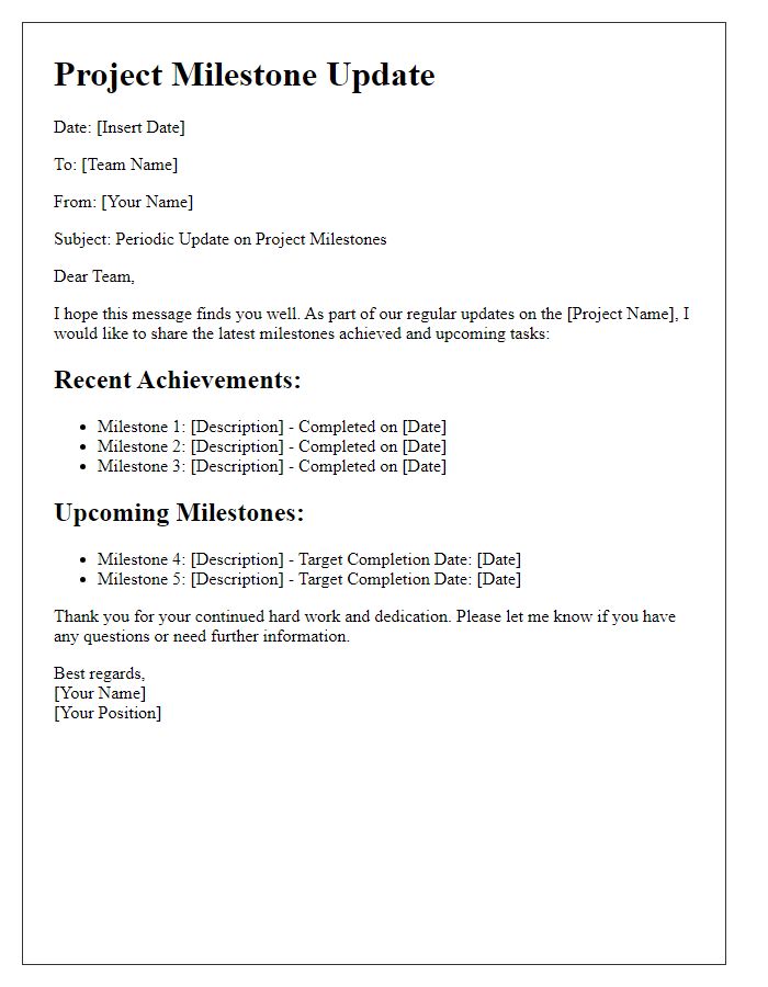 Letter template of periodic update on project milestones for team communication