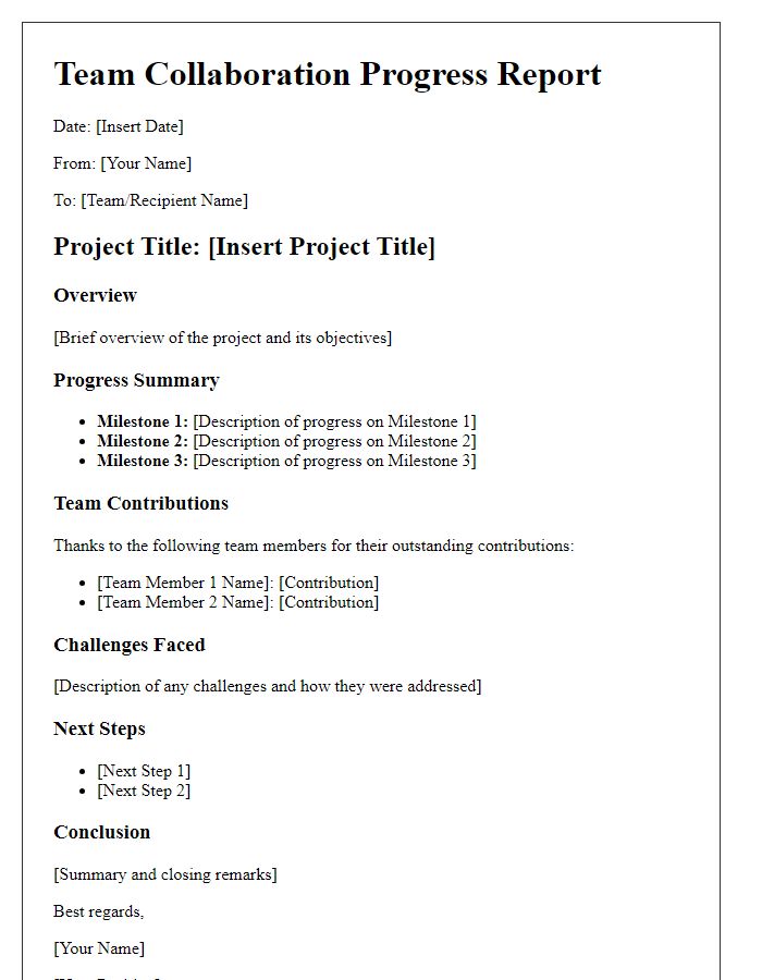 Letter template of progress report for team collaboration