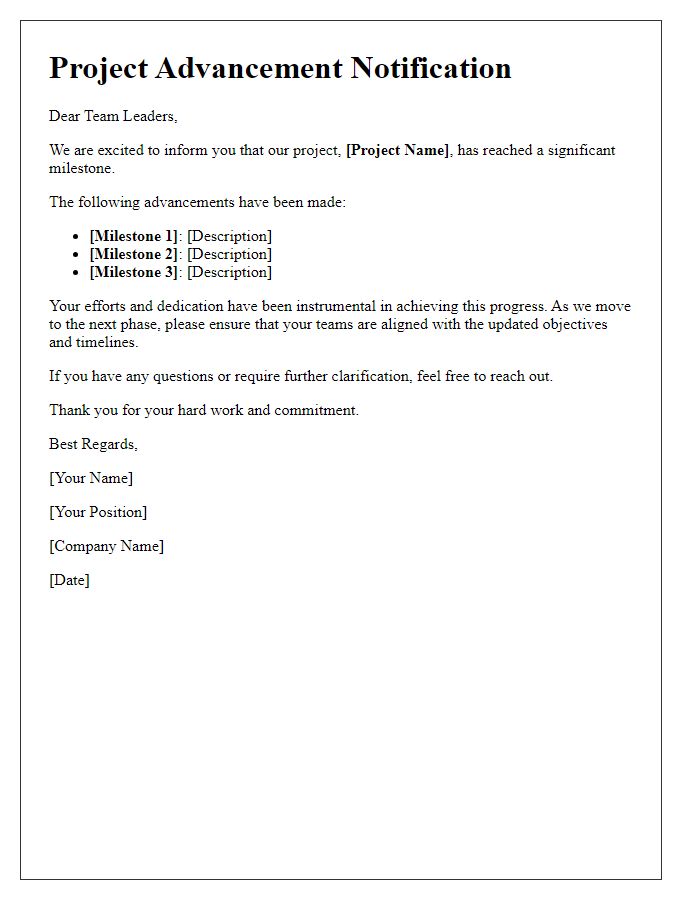 Letter template of project advancement notification for team leaders