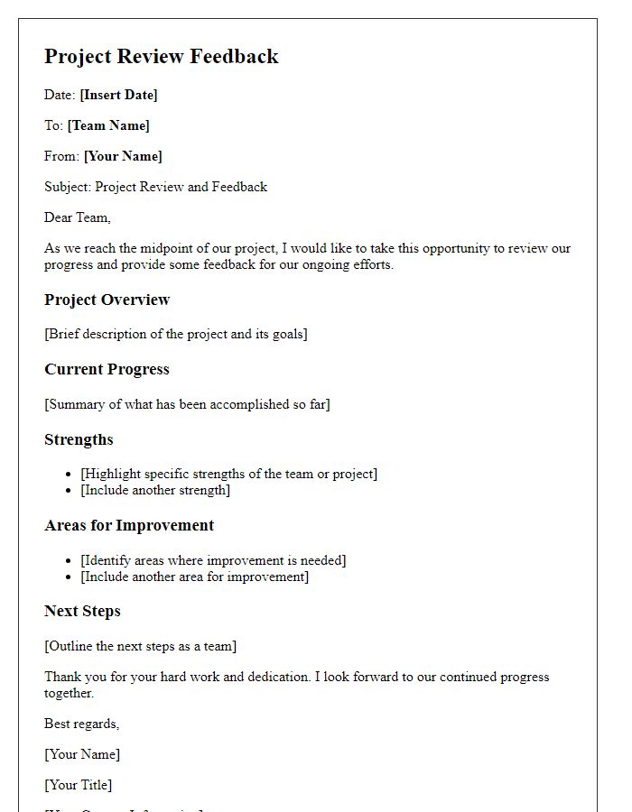 Letter template of project review for team evaluation and feedback