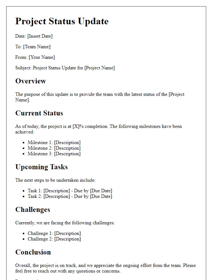 Letter template of project status update for team briefing