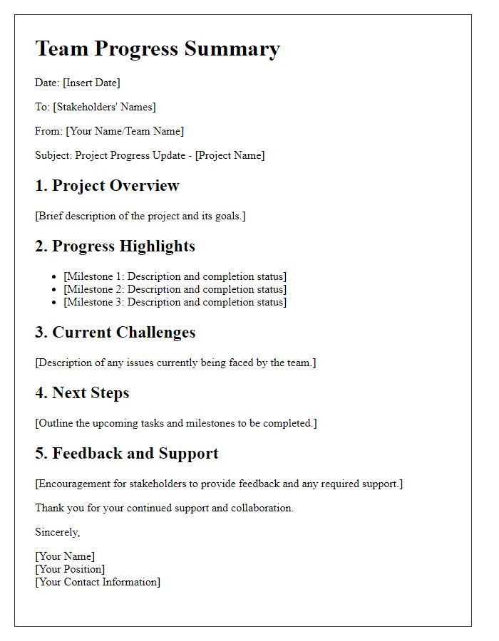 Letter template of team progress summary for project stakeholders