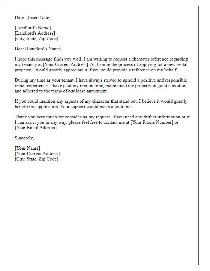 Letter template of tenant application reference request for a character reference.