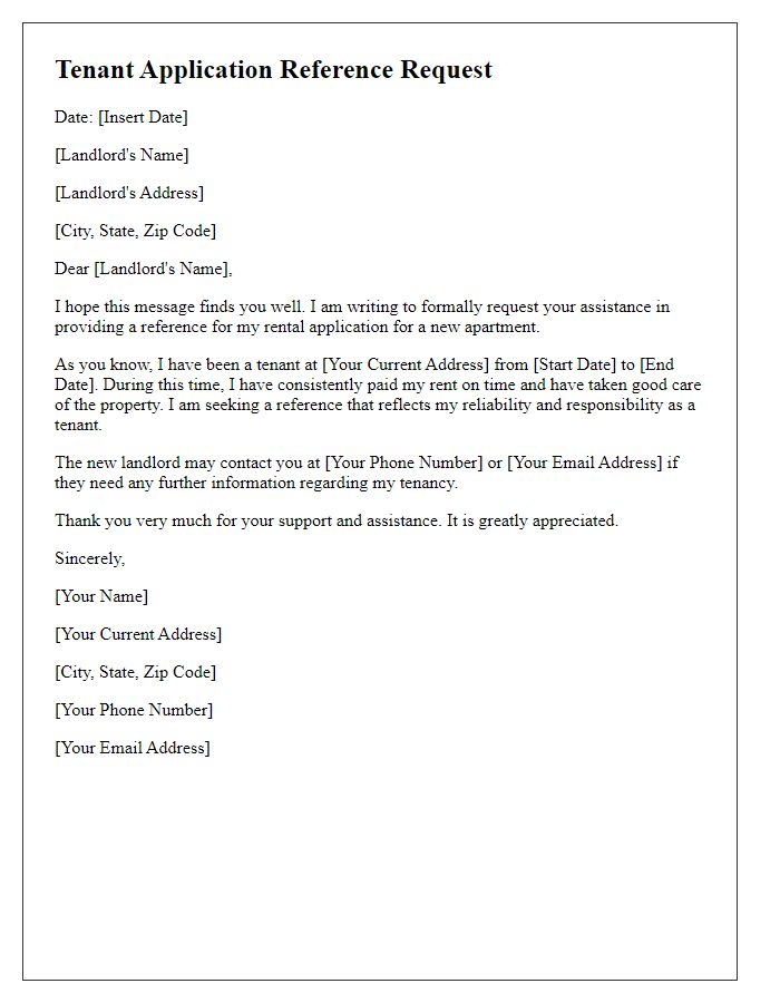 Letter template of tenant application reference request for a landlord.