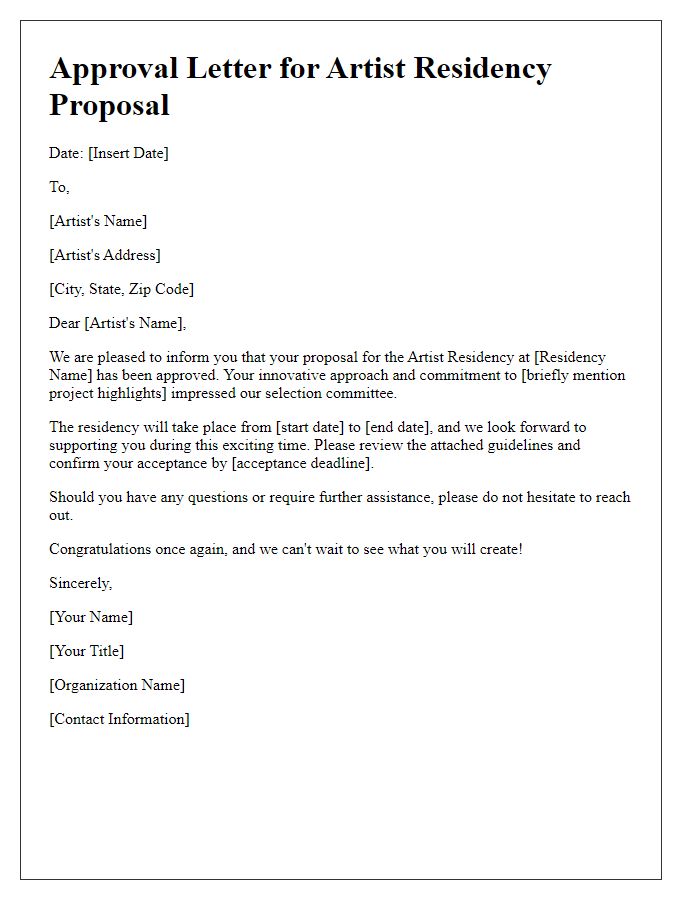 Letter template of approval for artist residency proposal.