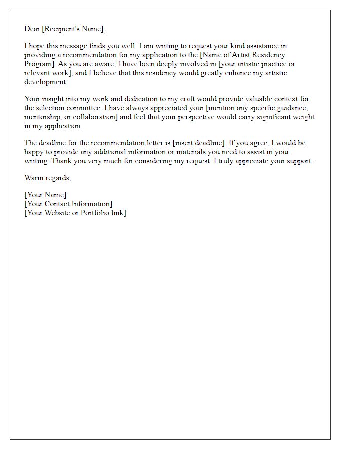 Letter template of request for artist residency recommendation.