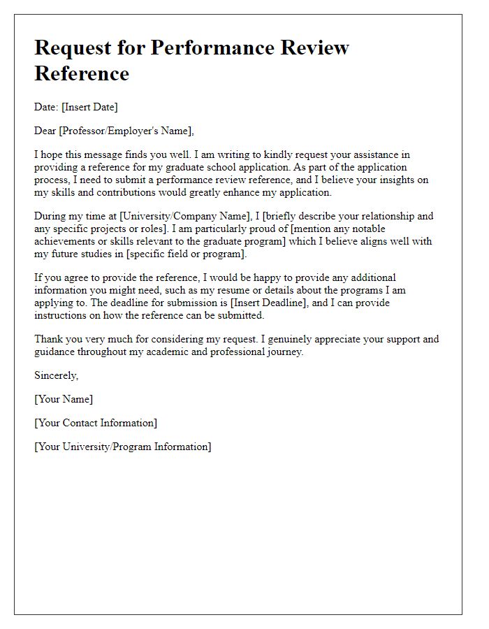 Letter template of performance review reference request for graduate school application.