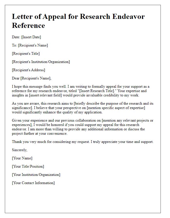 Letter template of research endeavor reference appeal