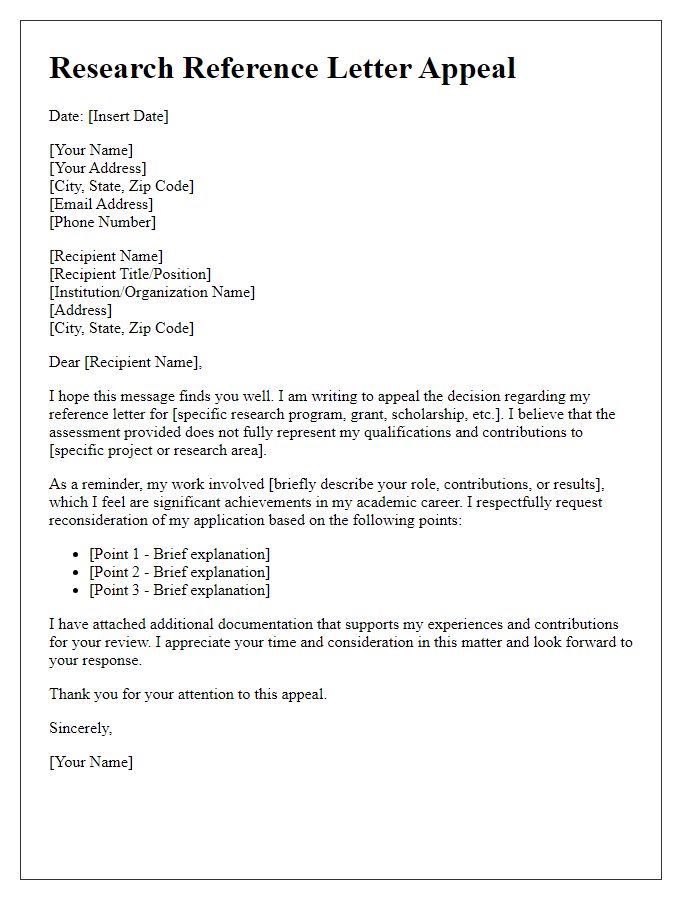 Letter template of research reference letter appeal