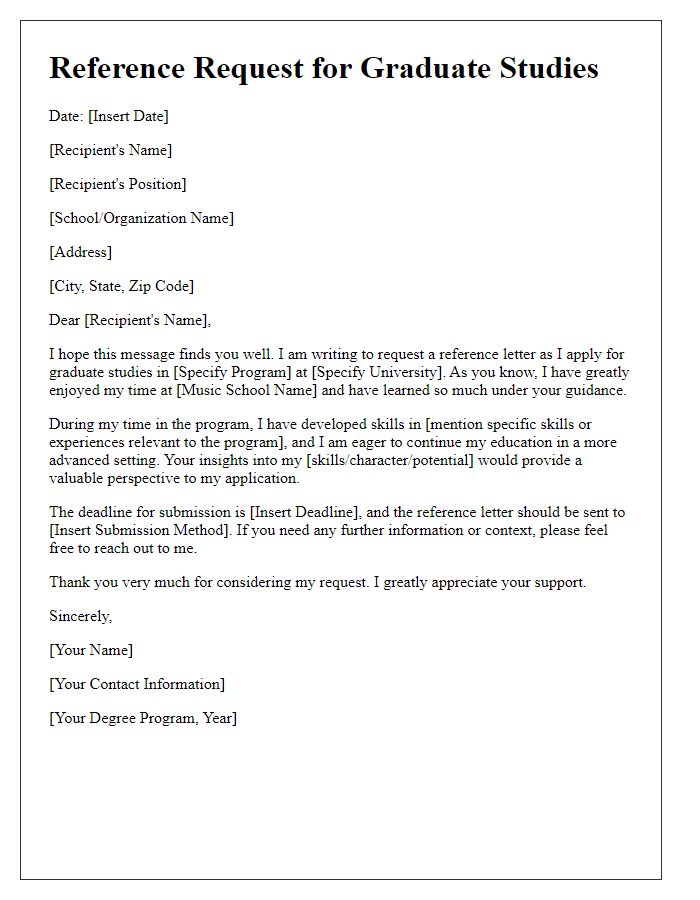 Letter template of music school reference request for graduate studies.