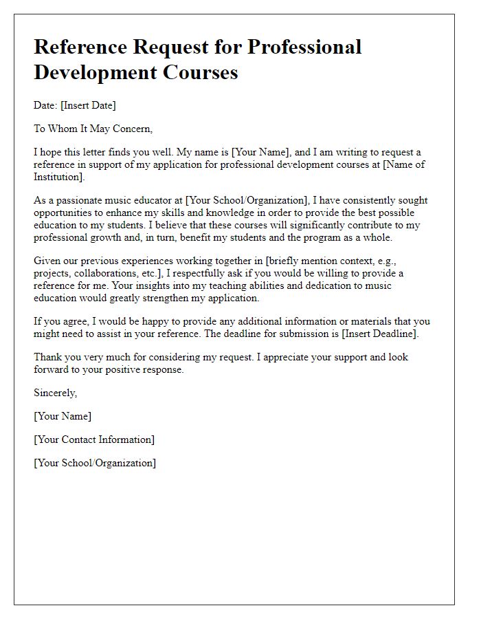 Letter template of music school reference request for professional development courses.