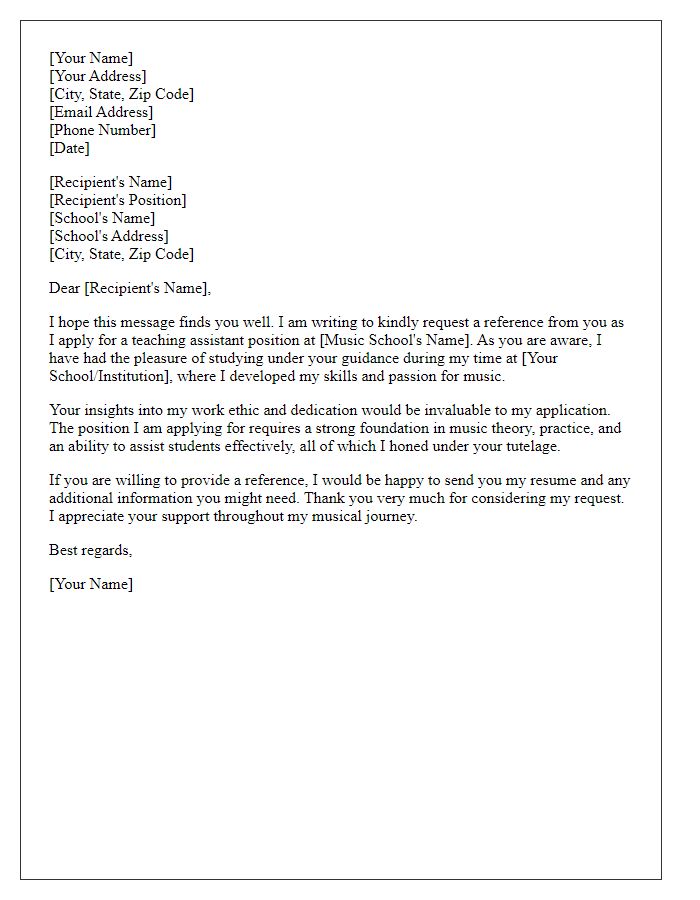 Letter template of music school reference request for teaching assistant positions.