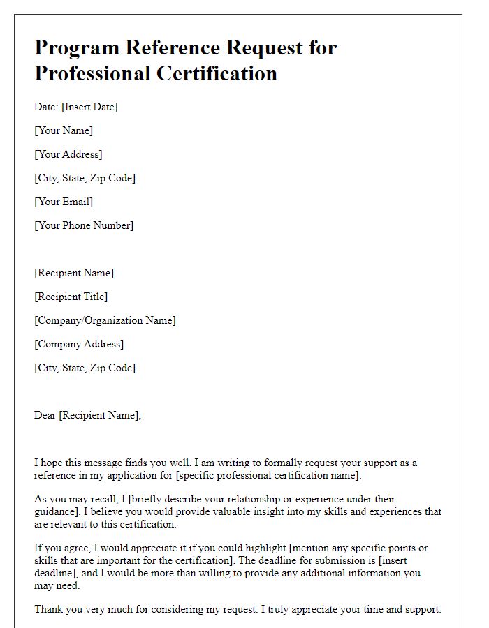 Letter template of Program Reference Request for Professional Certification