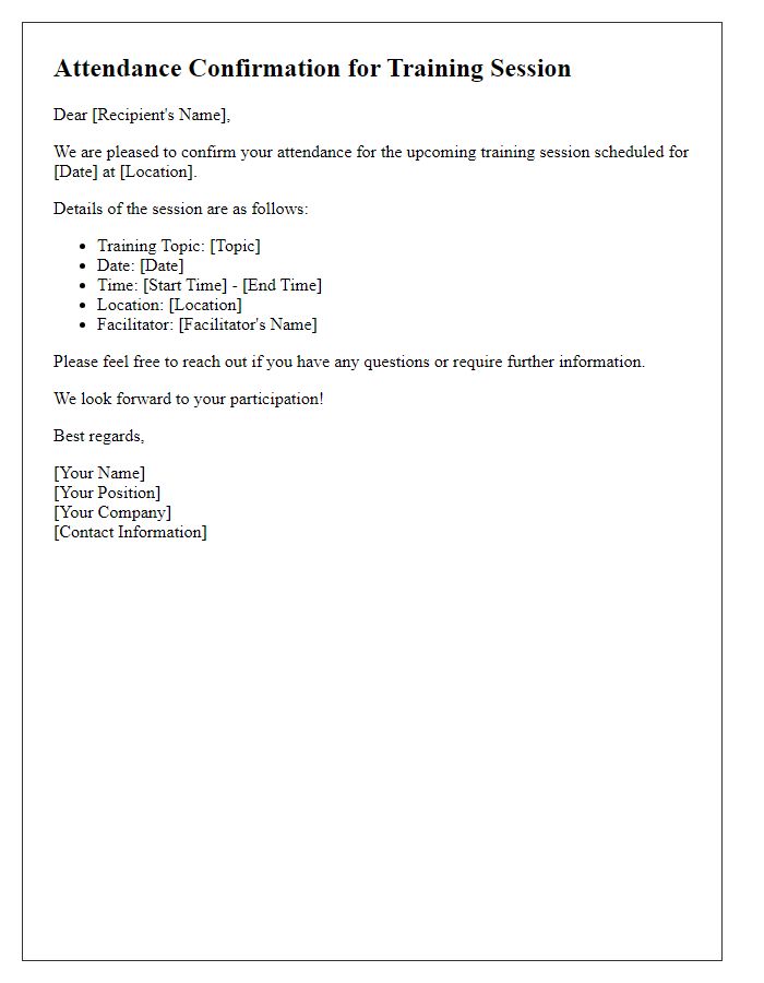 Letter template of attendance confirmation for training session.