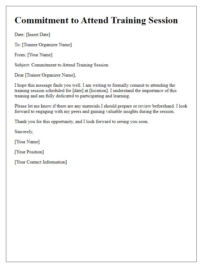 Letter template of commitment to attend training session.
