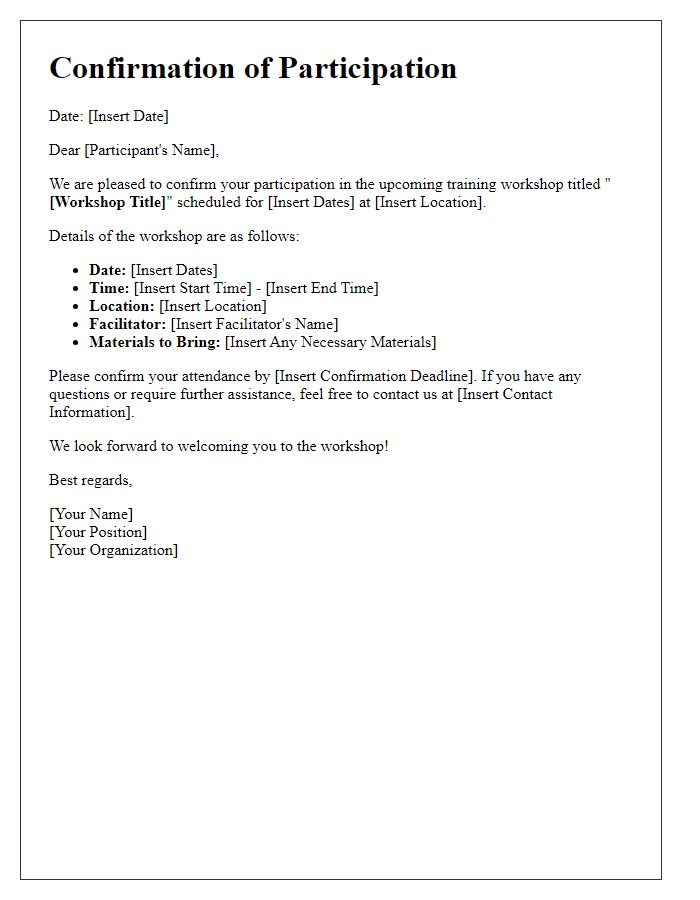 Letter template of confirmation for training workshop participation.