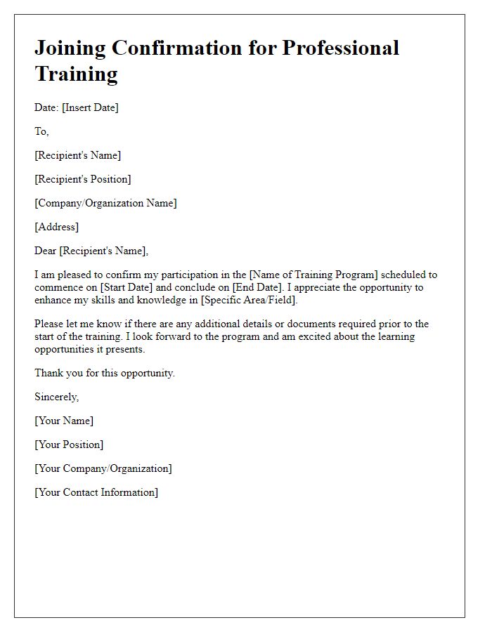 Letter template of joining confirmation for professional training.