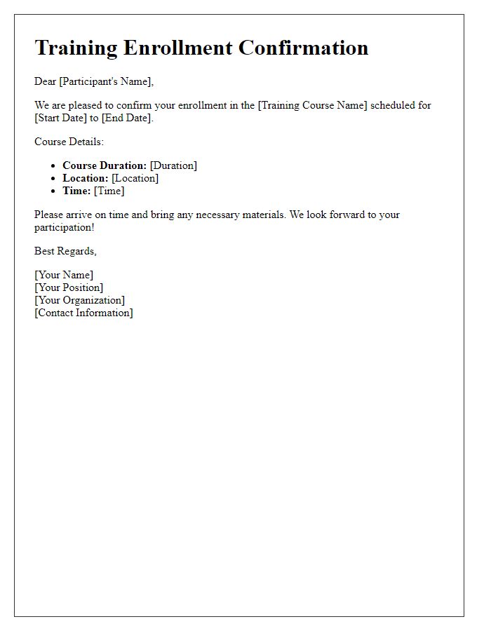 Letter template of training enrollment confirmation.