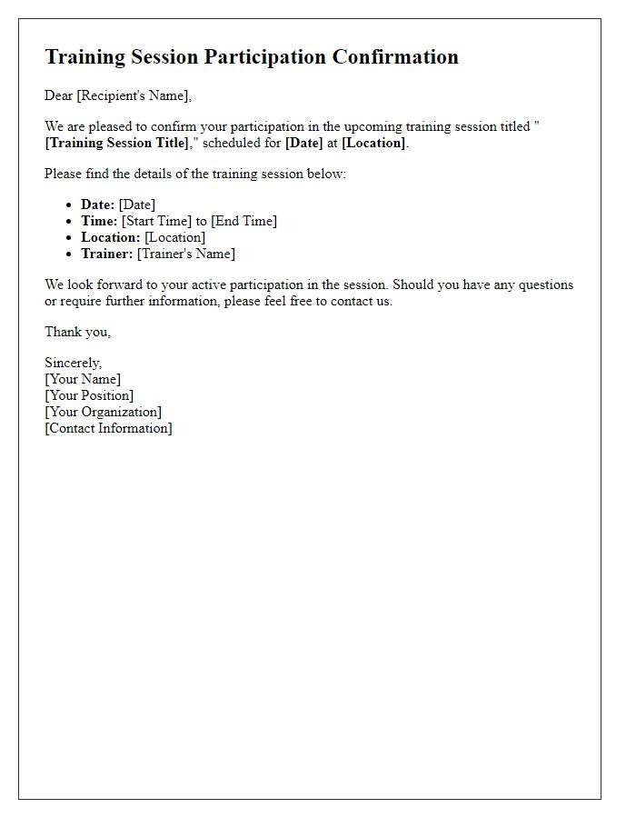 Letter template of training session participation confirmation.