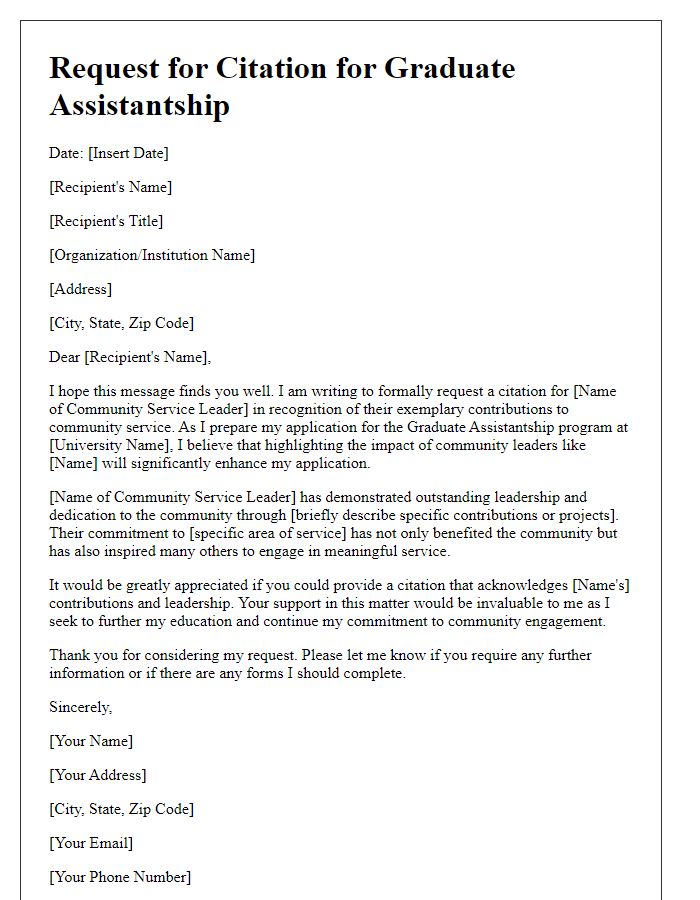 Letter template of graduate assistantship citation request for community service leaders