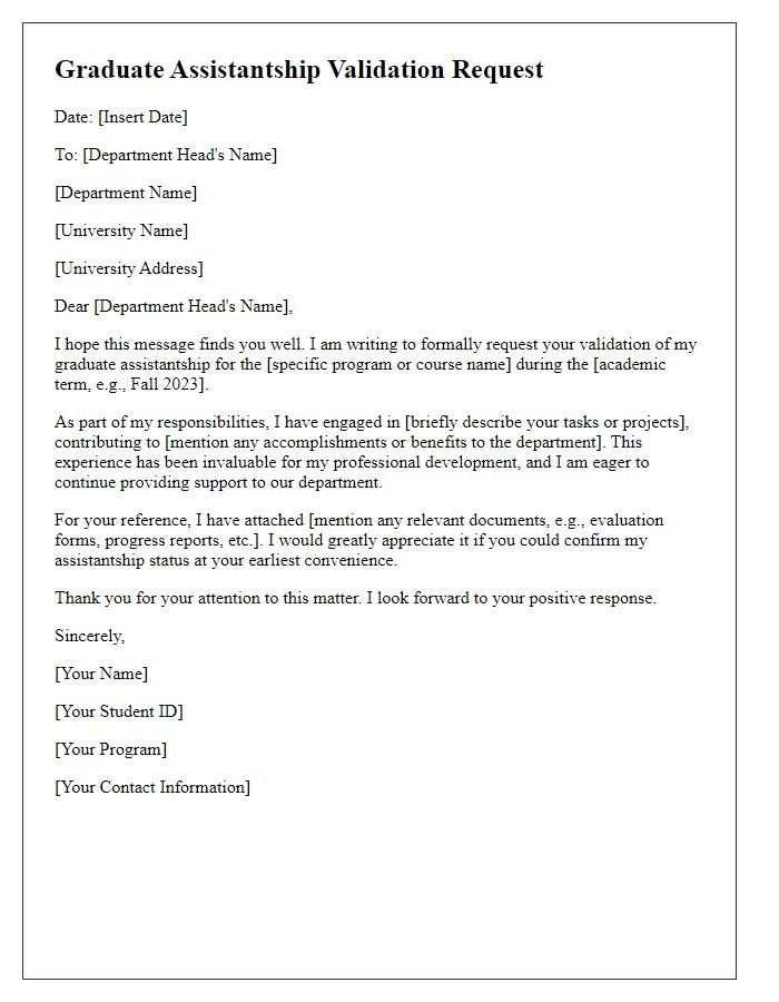 Letter template of graduate assistantship validation request for department heads