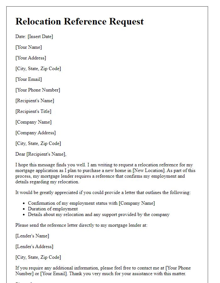 Letter template of relocation reference request for a mortgage application.