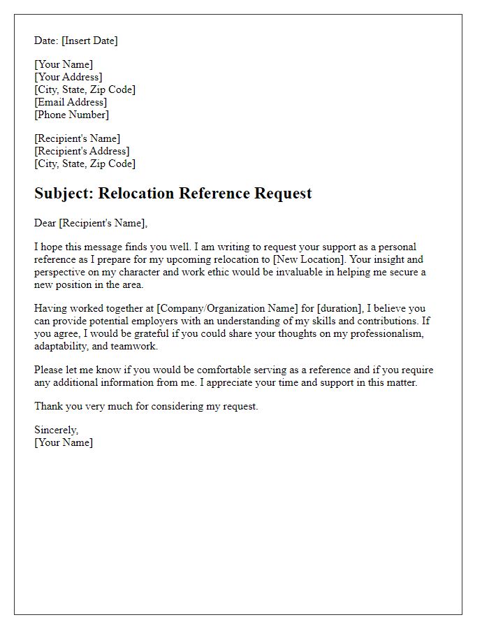 Letter template of relocation reference request for personal reference.