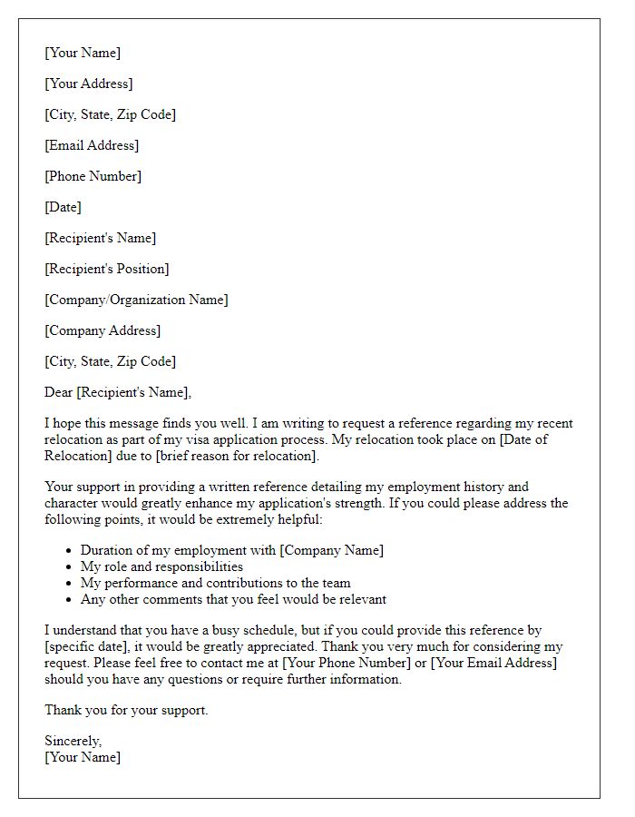 Letter template of relocation reference request for visa application.