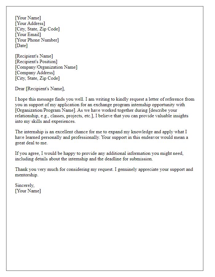 Letter template of exchange program reference request for internship opportunities.