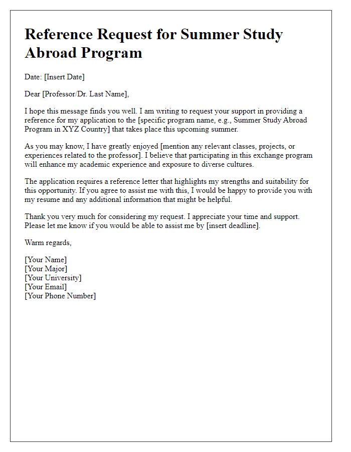 Letter template of exchange program reference request for summer study abroad.