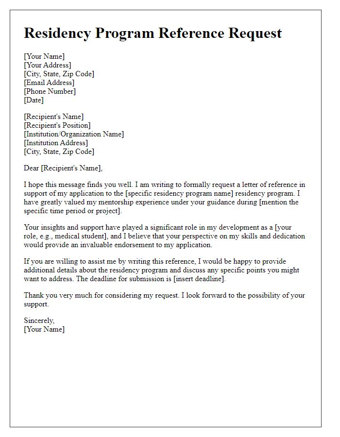 Letter template of residency program reference request for mentorship experience.