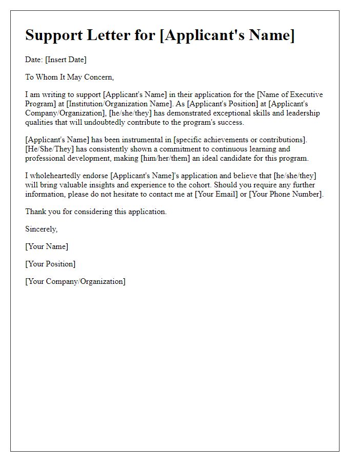 Letter template of executive program backing for application process.